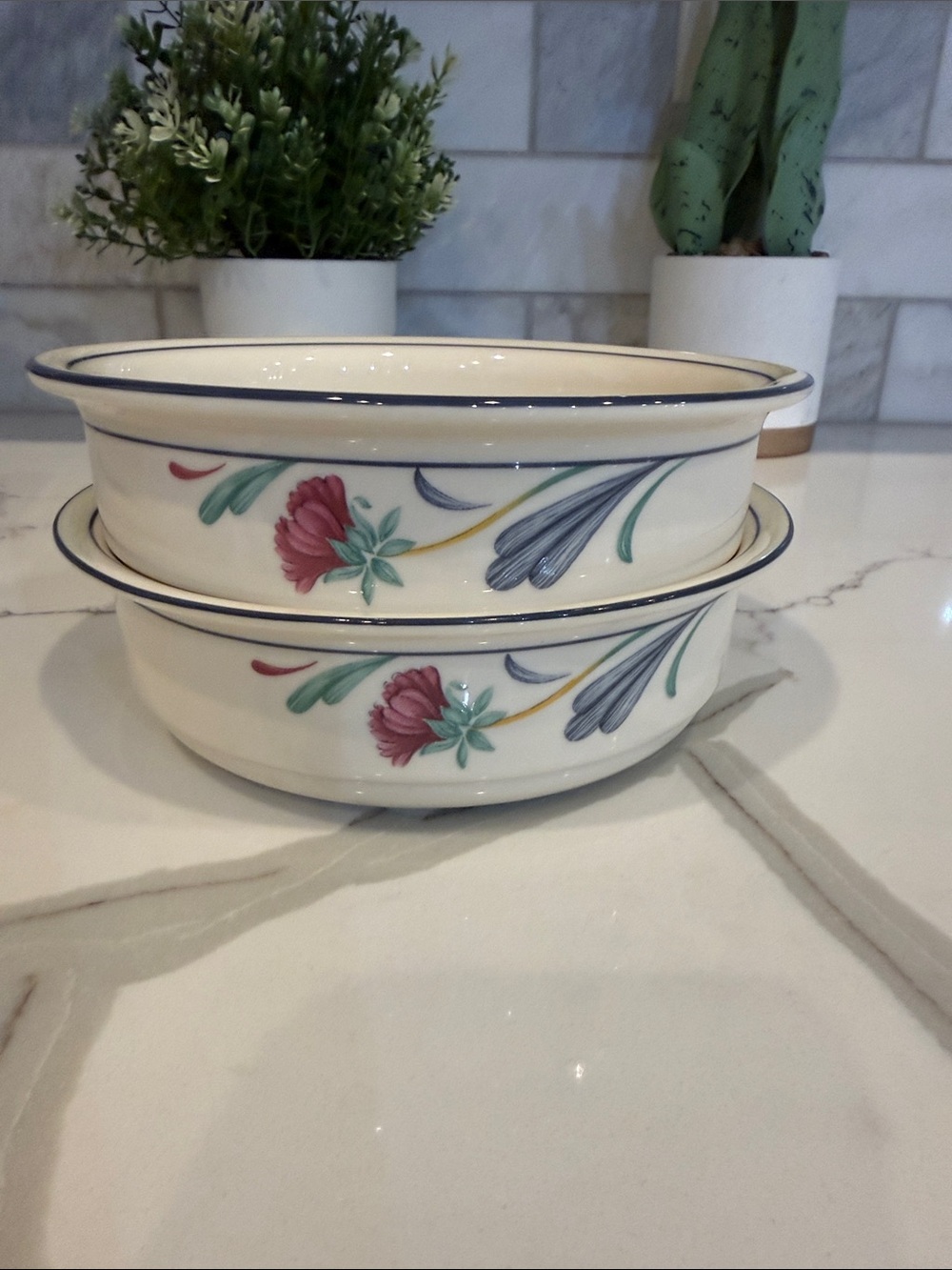 Lenox Poppies on Blue Bowls Soup Cereal dishware vintage floral 6.25" set of 2